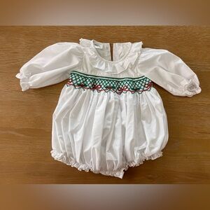 Smocked Christmas bow bubble romper white red green size 6 months
